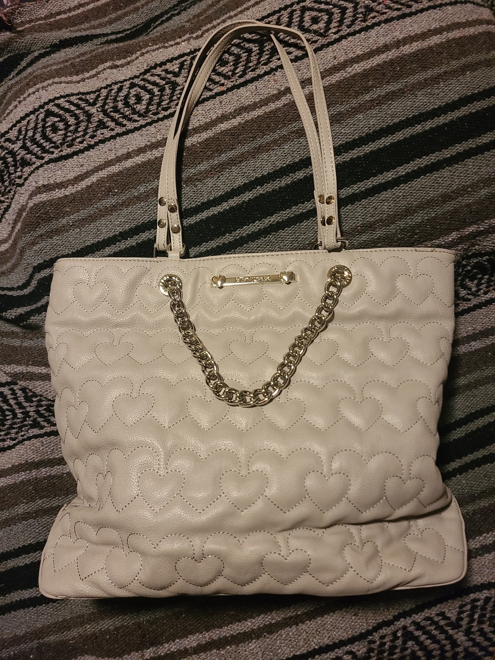 Lilac Gray Quilted Heart Tote with Gold Chain Accent